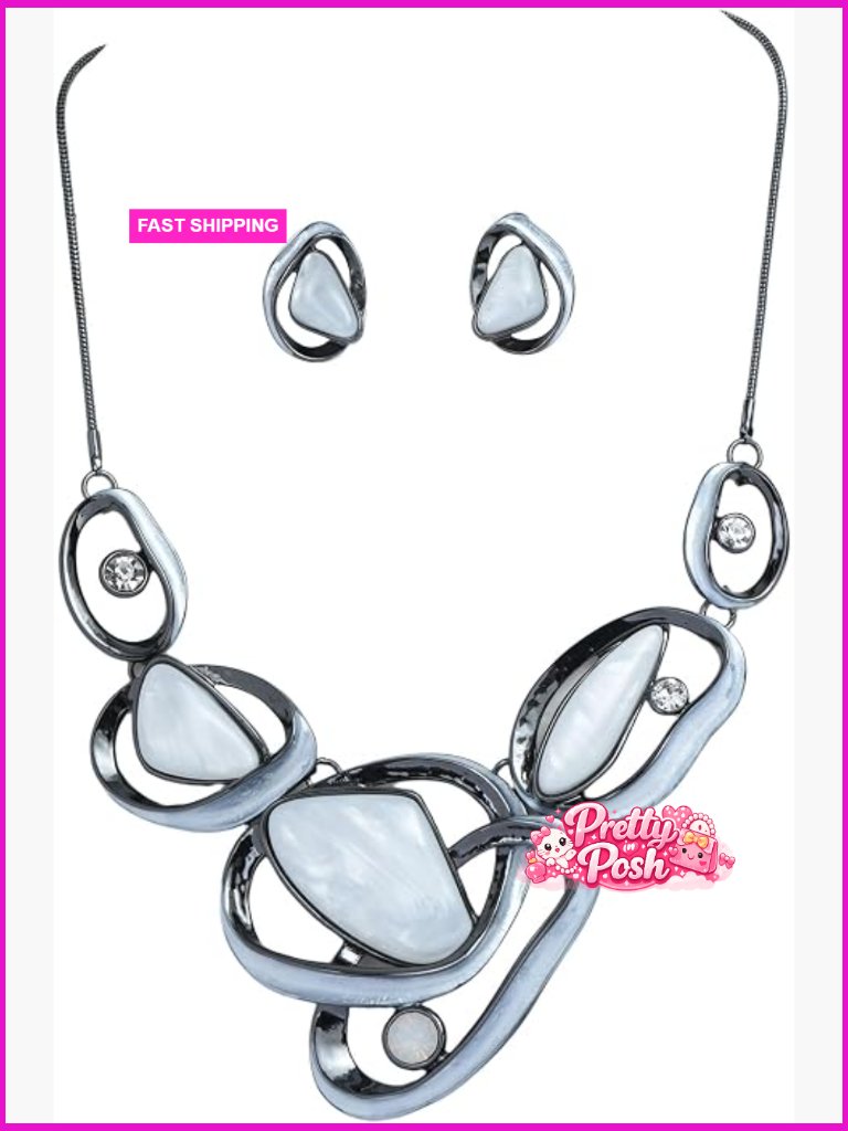 Hollow Oval Ring Bib Necklace & Earrings Jewelry Set For Women, Gold Plated
